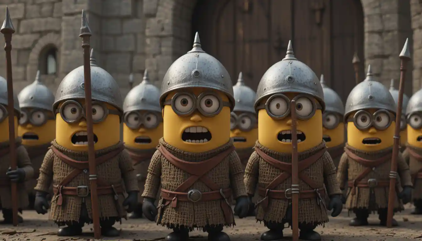 Minion soldiers gathered in a medieval castle courtyard