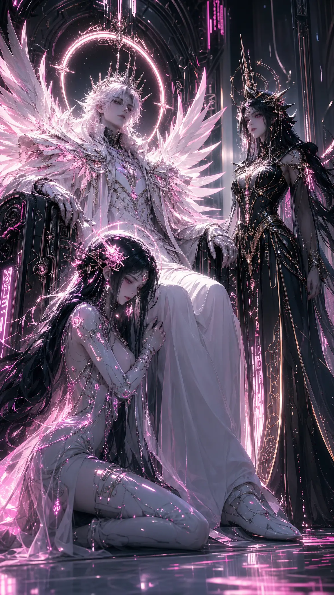 Halo crowned paladin on a radiant feathered throne
