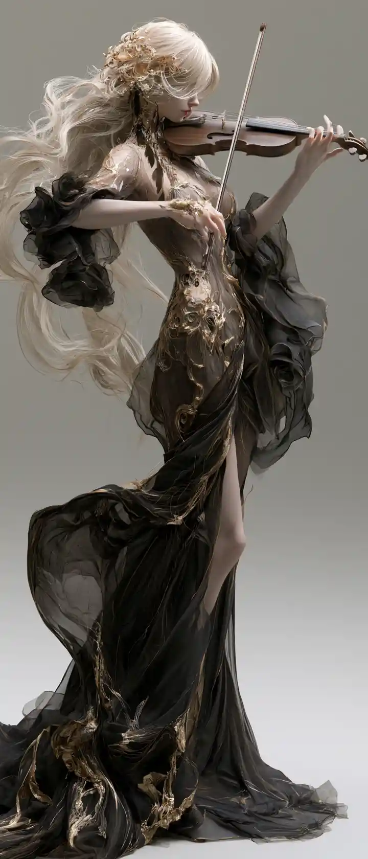Golden haired fantasy girl playing violin in darkness