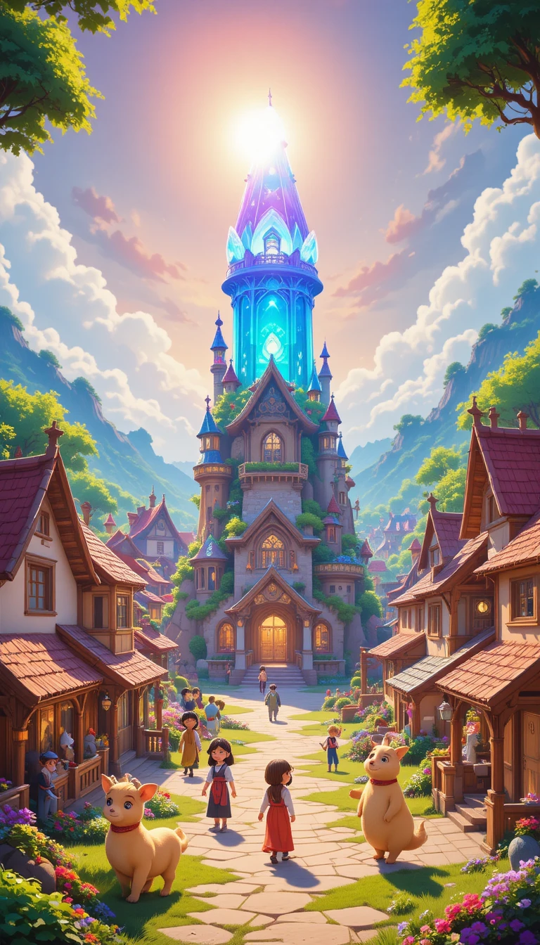 Colorful fantasy town with glowing crystal tower and sunshine