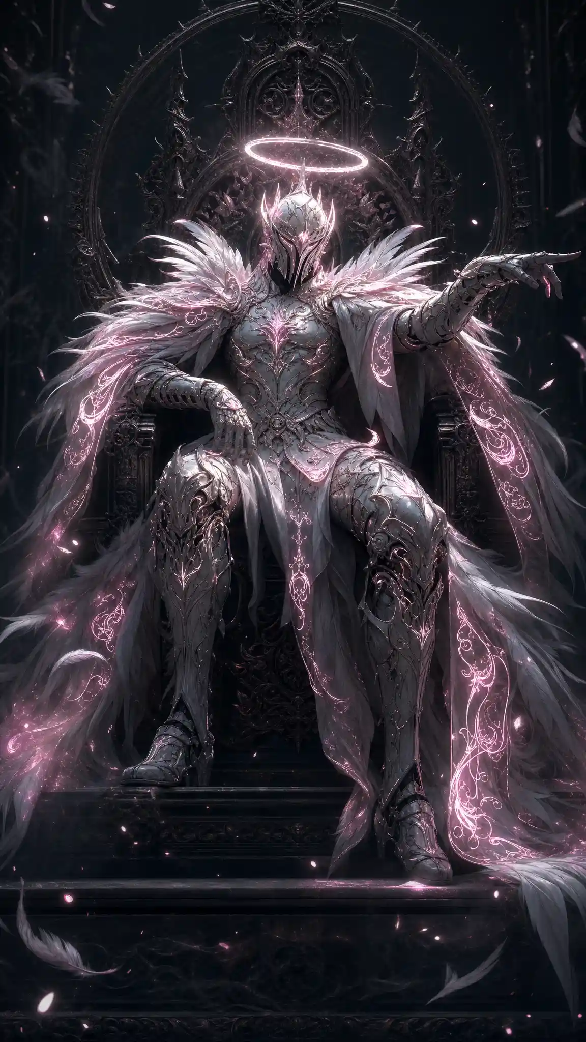 Celestial paladin with glowing feathers seated on ornate throne