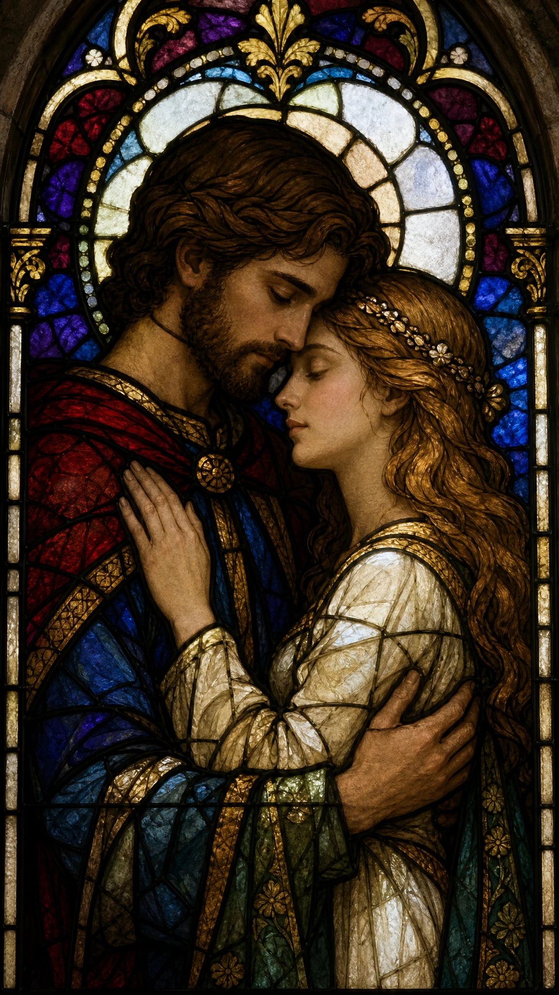 Intimate couple in stained glass window inside cathedral