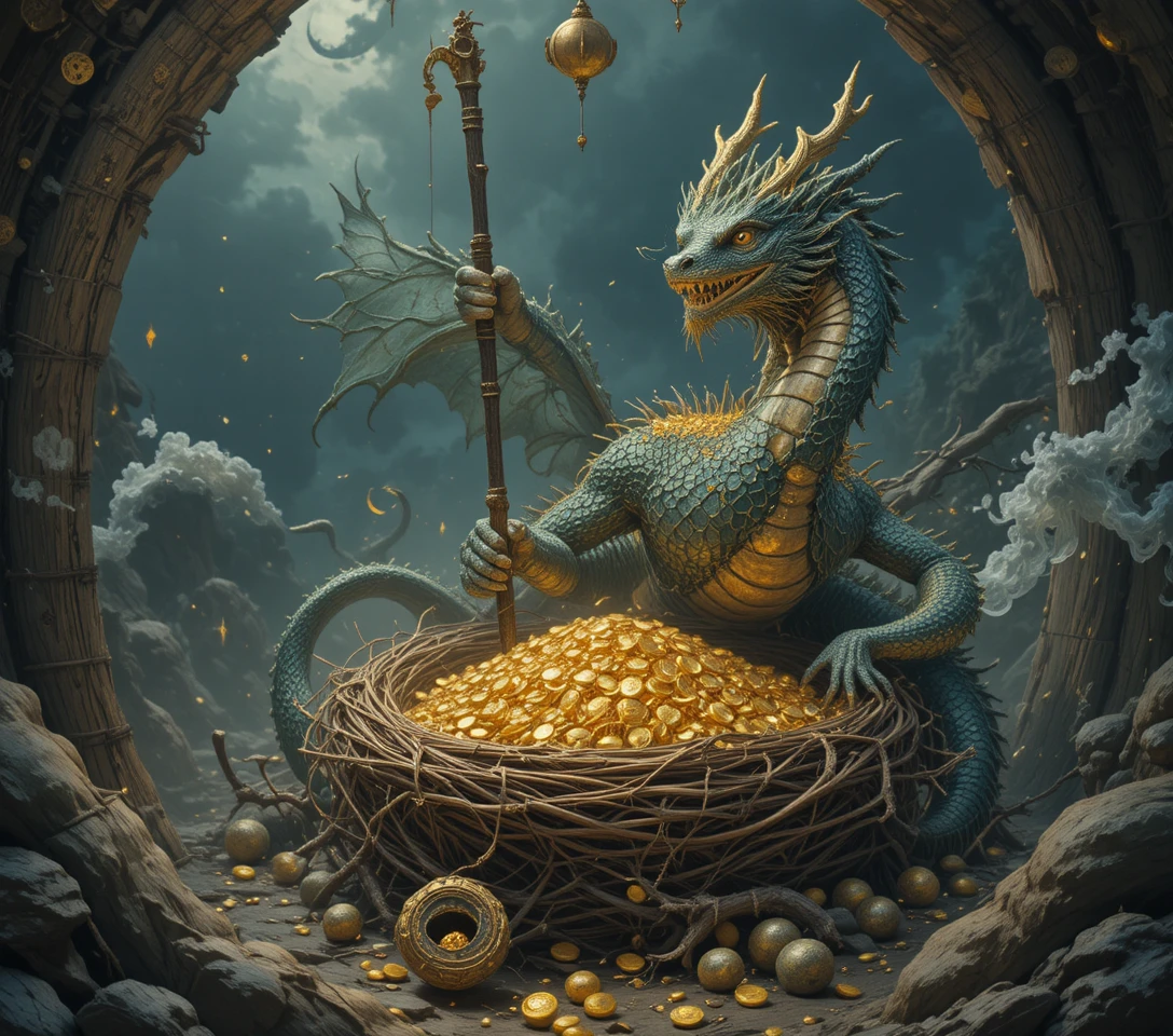 Majestic sea dragon raising its crest with gathered gold