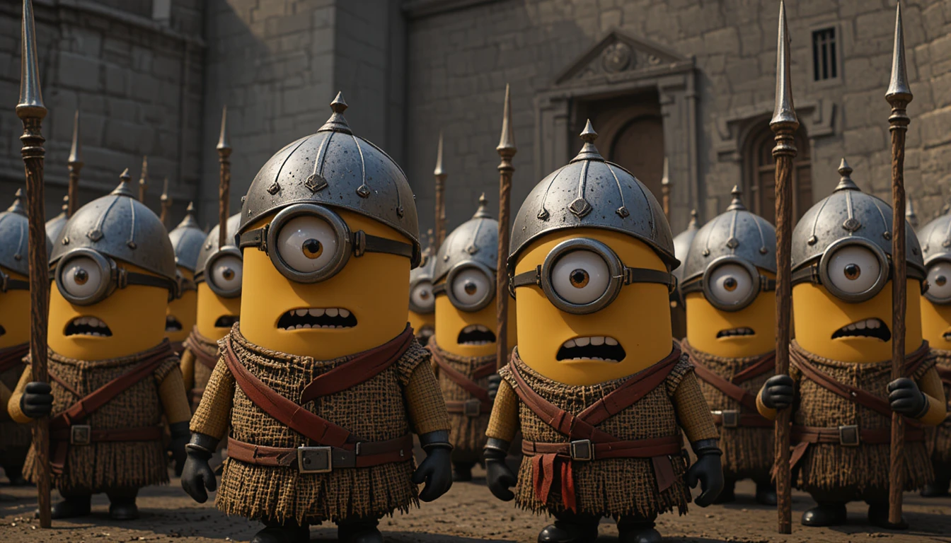 Cartoon medieval soldiers gathered in a castle courtyard