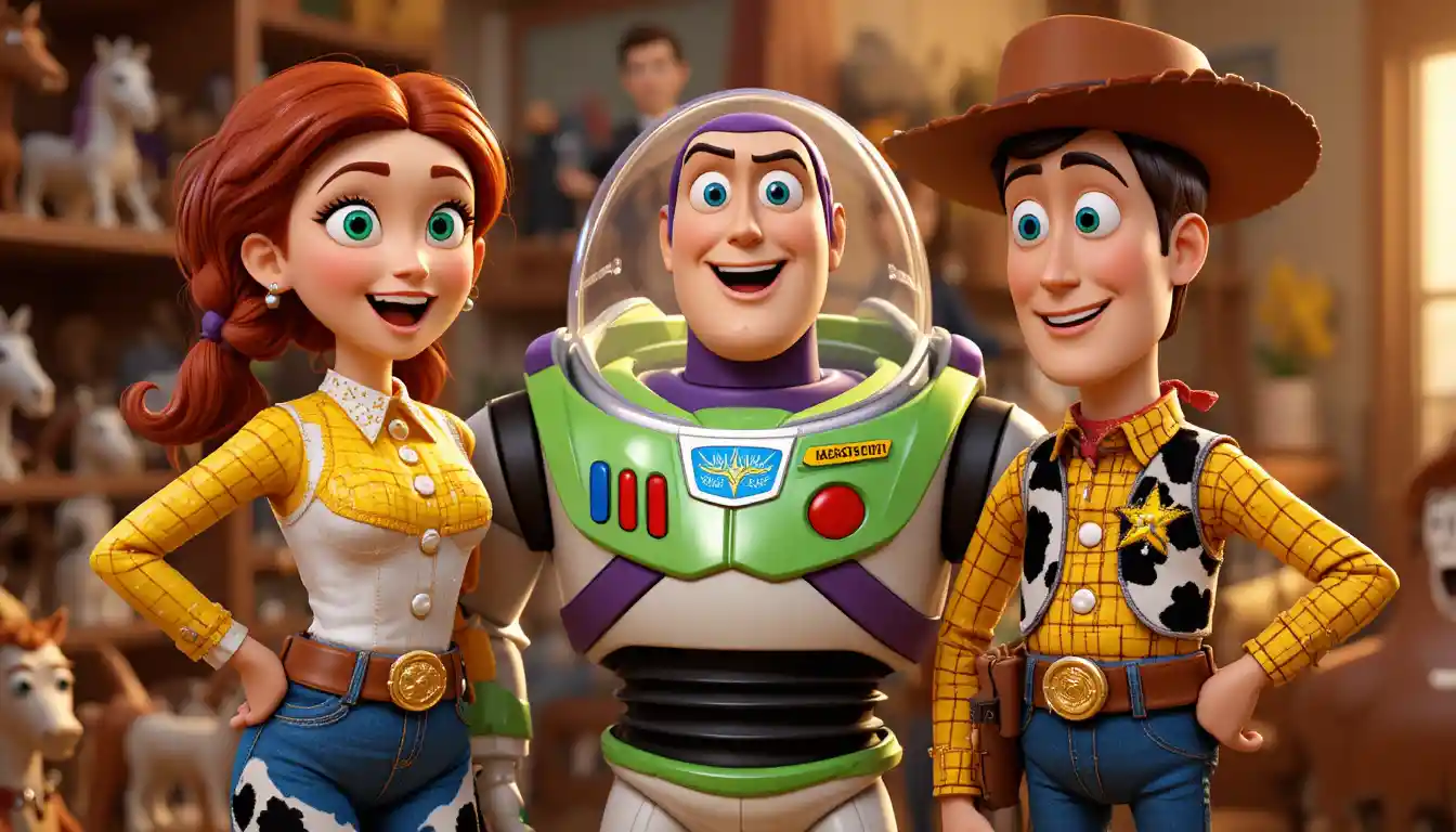 Close up 3D render of three playful toy cowboys