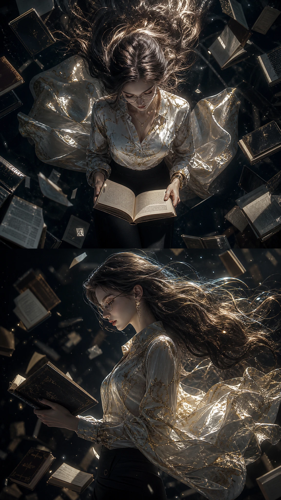 Ethereal woman reading in a dark fantastical library