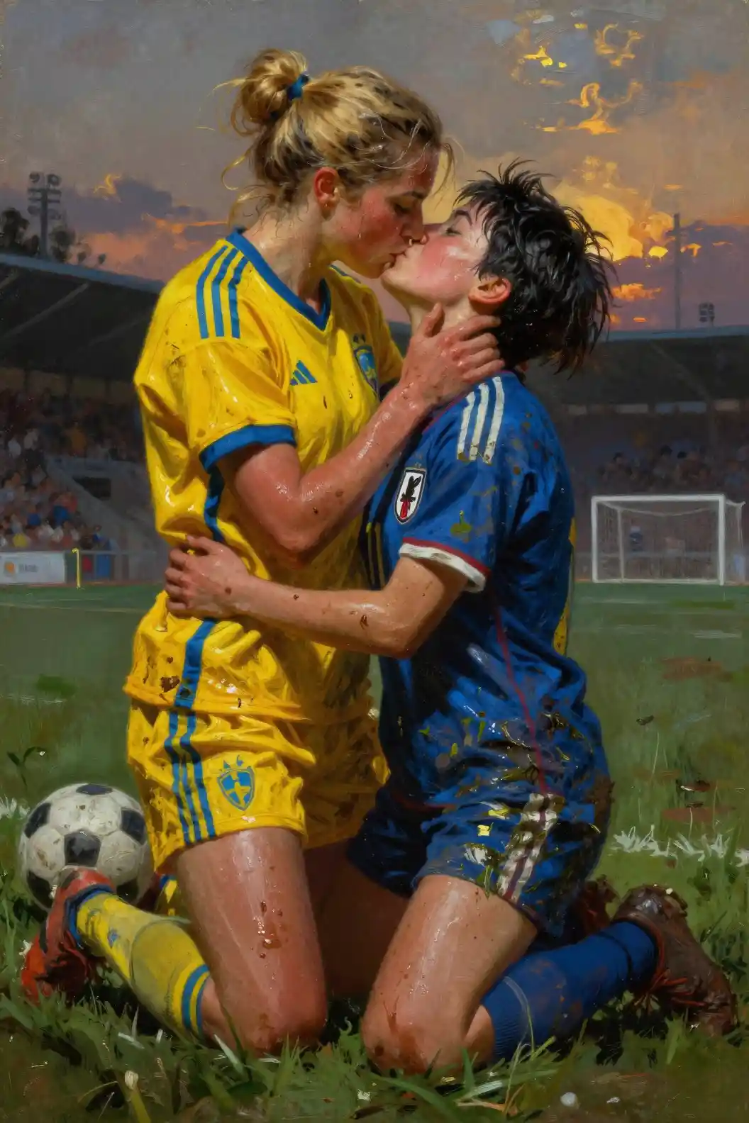 Dramatic oil painting of two women embracing on soccer field