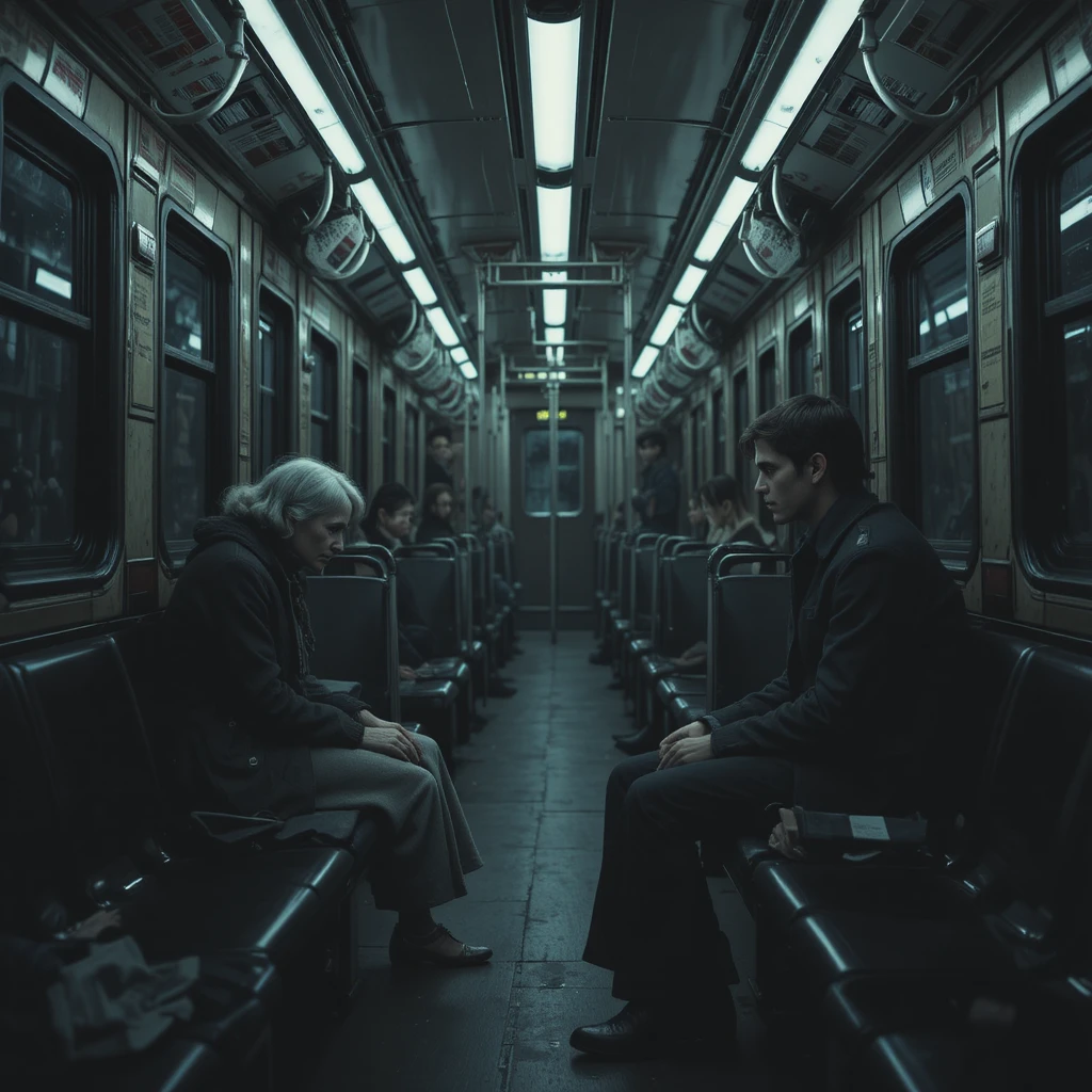 Little girl alone in a dark flickering train carriage