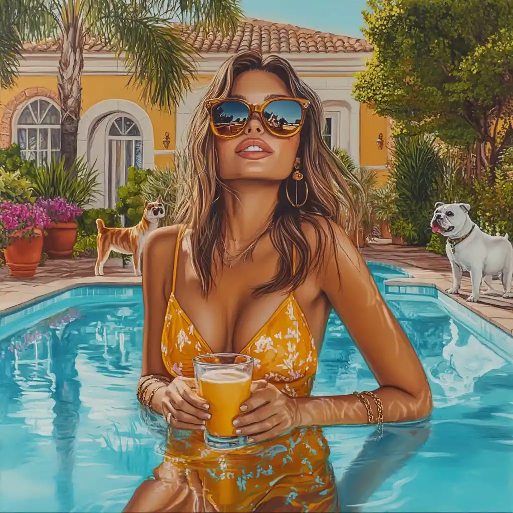 Smiling blonde woman relaxing at the edge of a pool