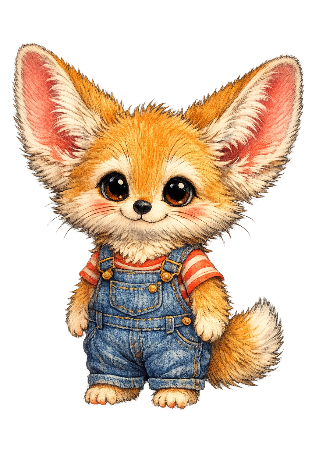 Cute fennec fox in denim overalls storybook illustration