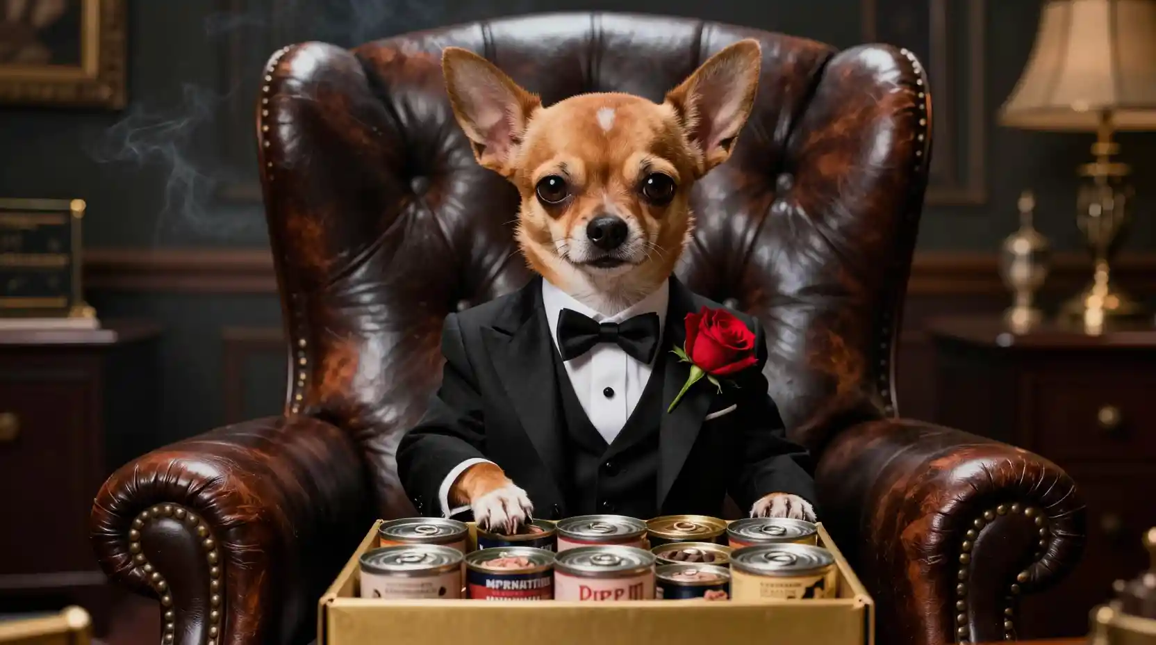 Tiny mafia chihuahua in tuxedo on grand office chair