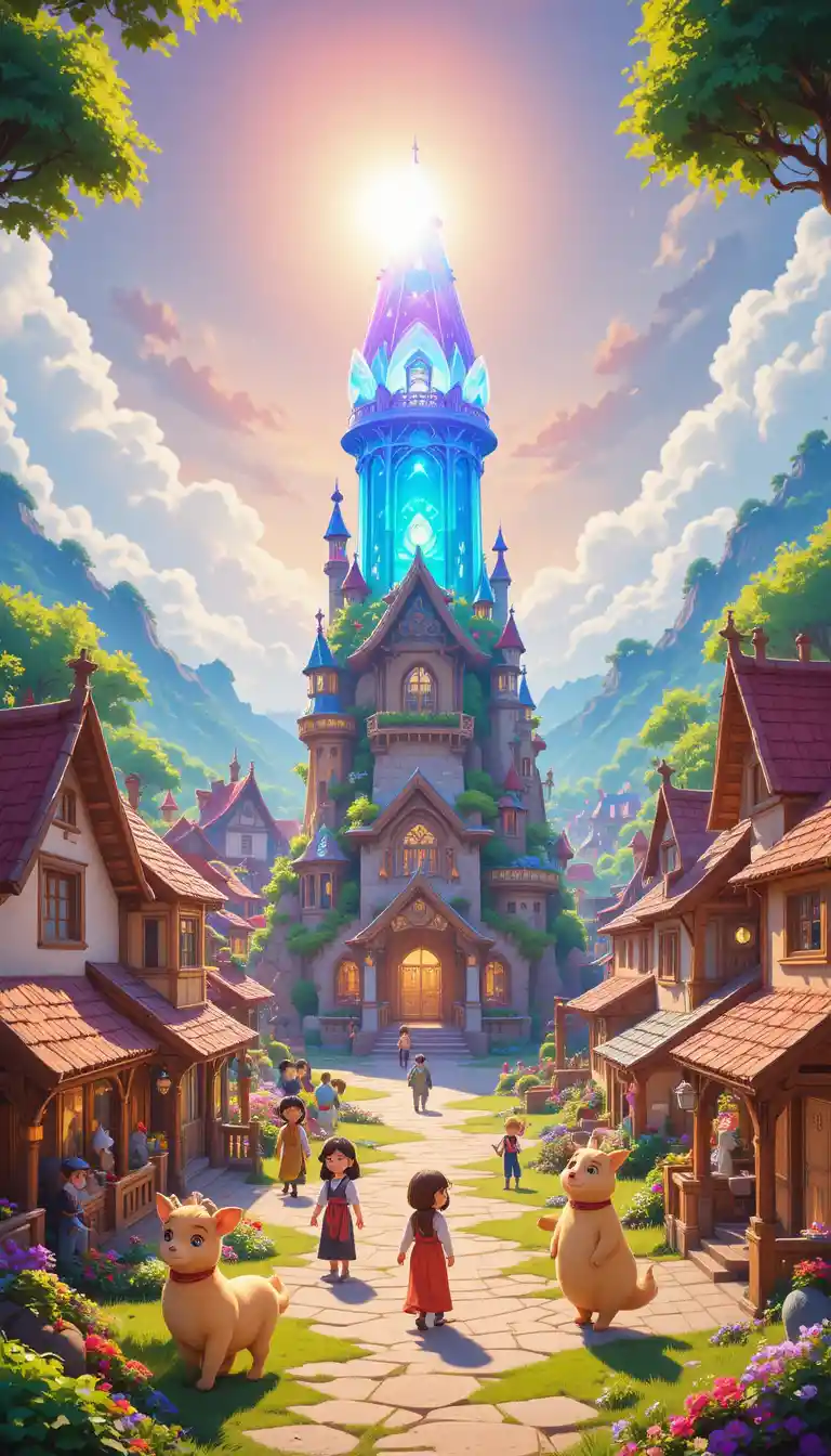 Colorful fantasy town with glowing crystal tower and sunshine