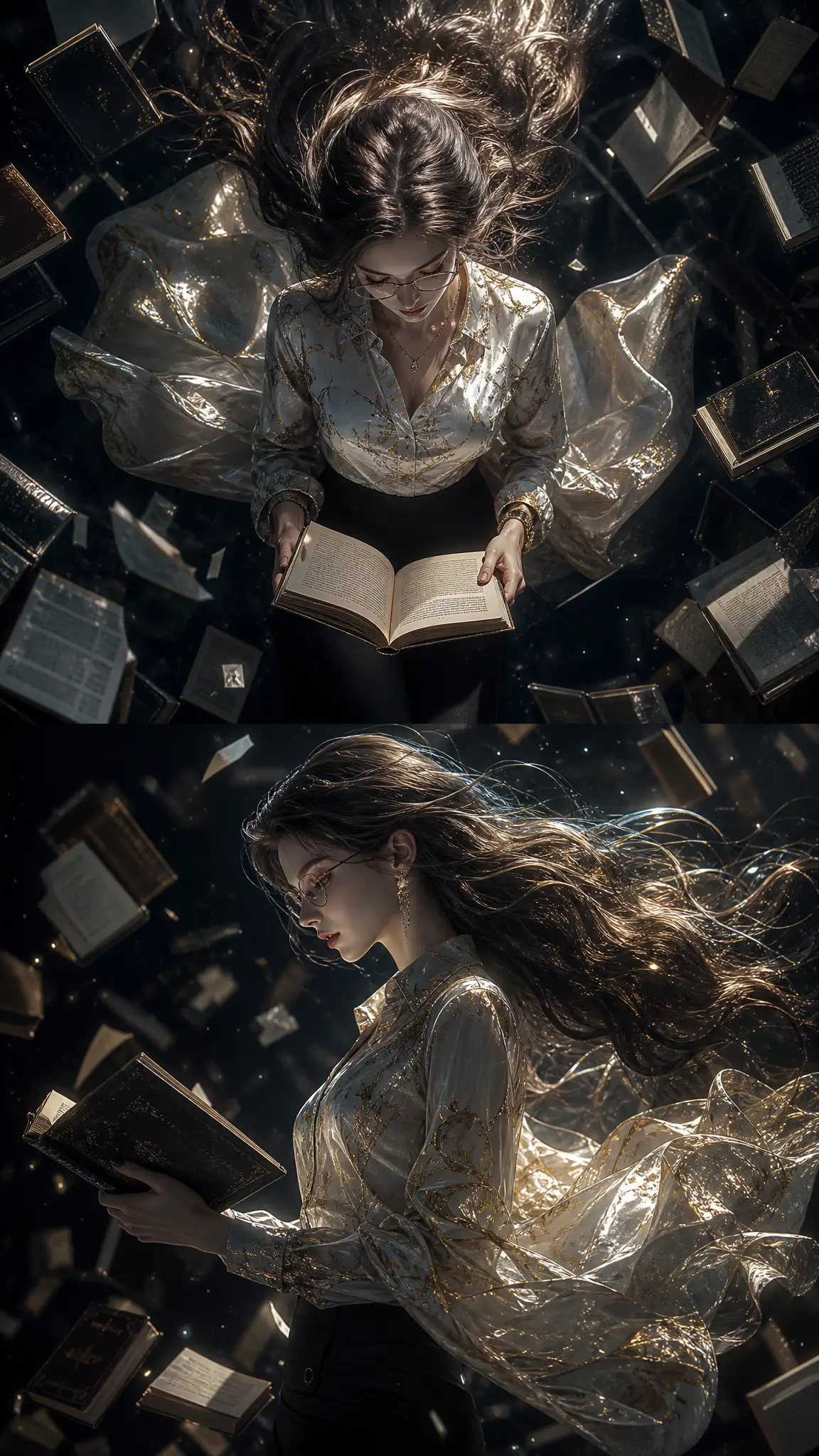 Ethereal woman reading in a dark fantastical library