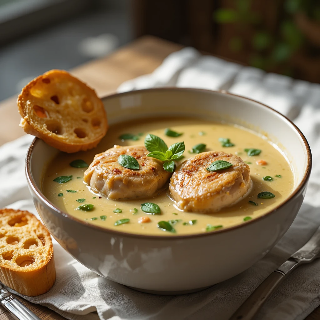 Creamy chicken soup bowl on a light fabric table
