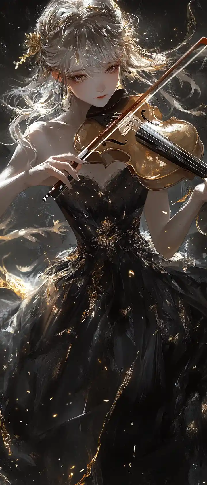 Ethereal golden haired girl playing violin in darkness