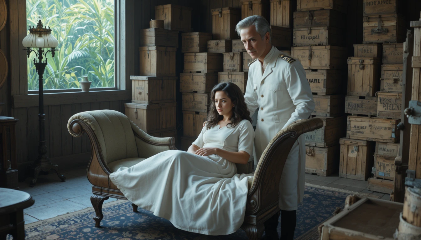 Woman reclining on chaise lounge with elderly man beside her