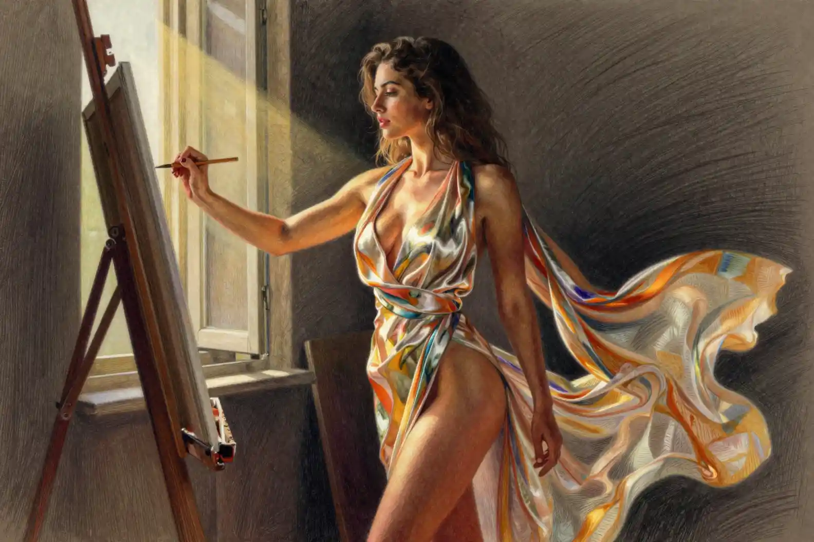 Curvy woman painting in a shadowy art studio at golden hour