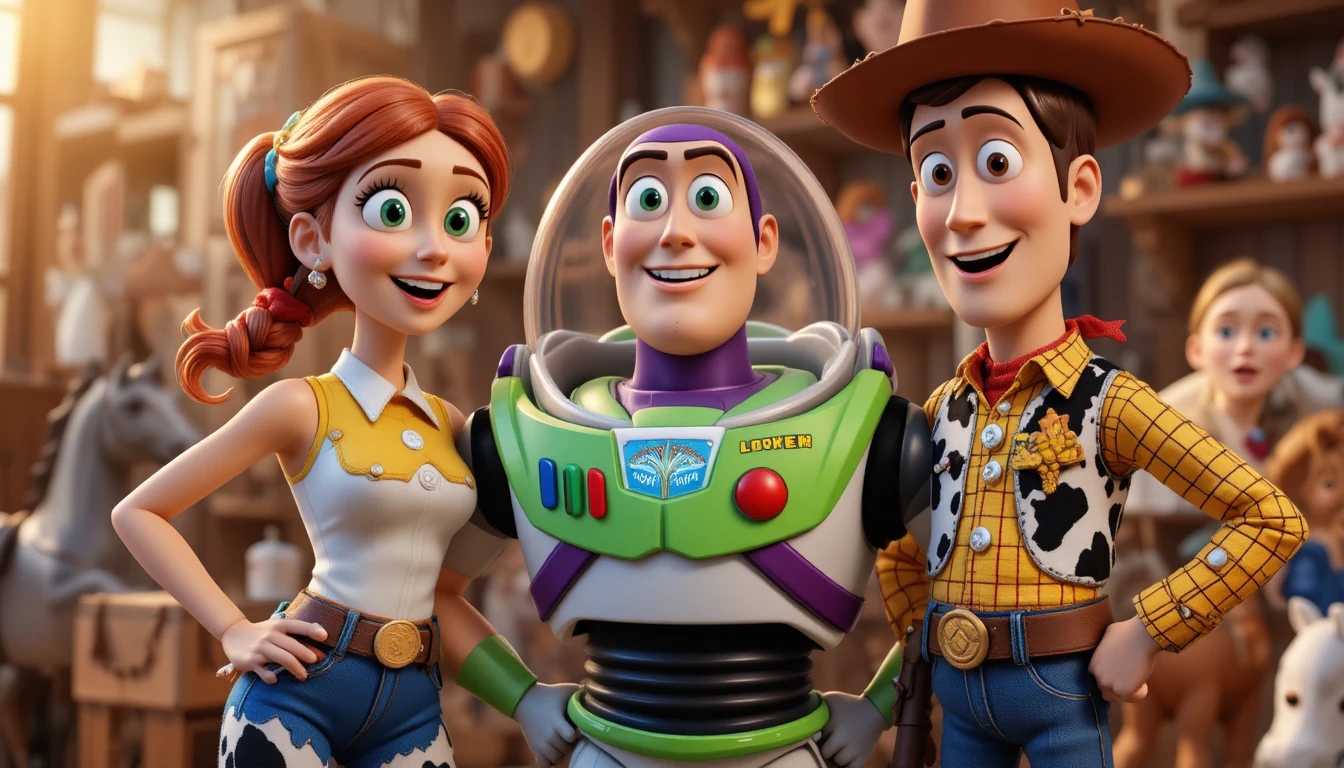 Cheerful 3D trio of cowboy cowgirl and space ranger