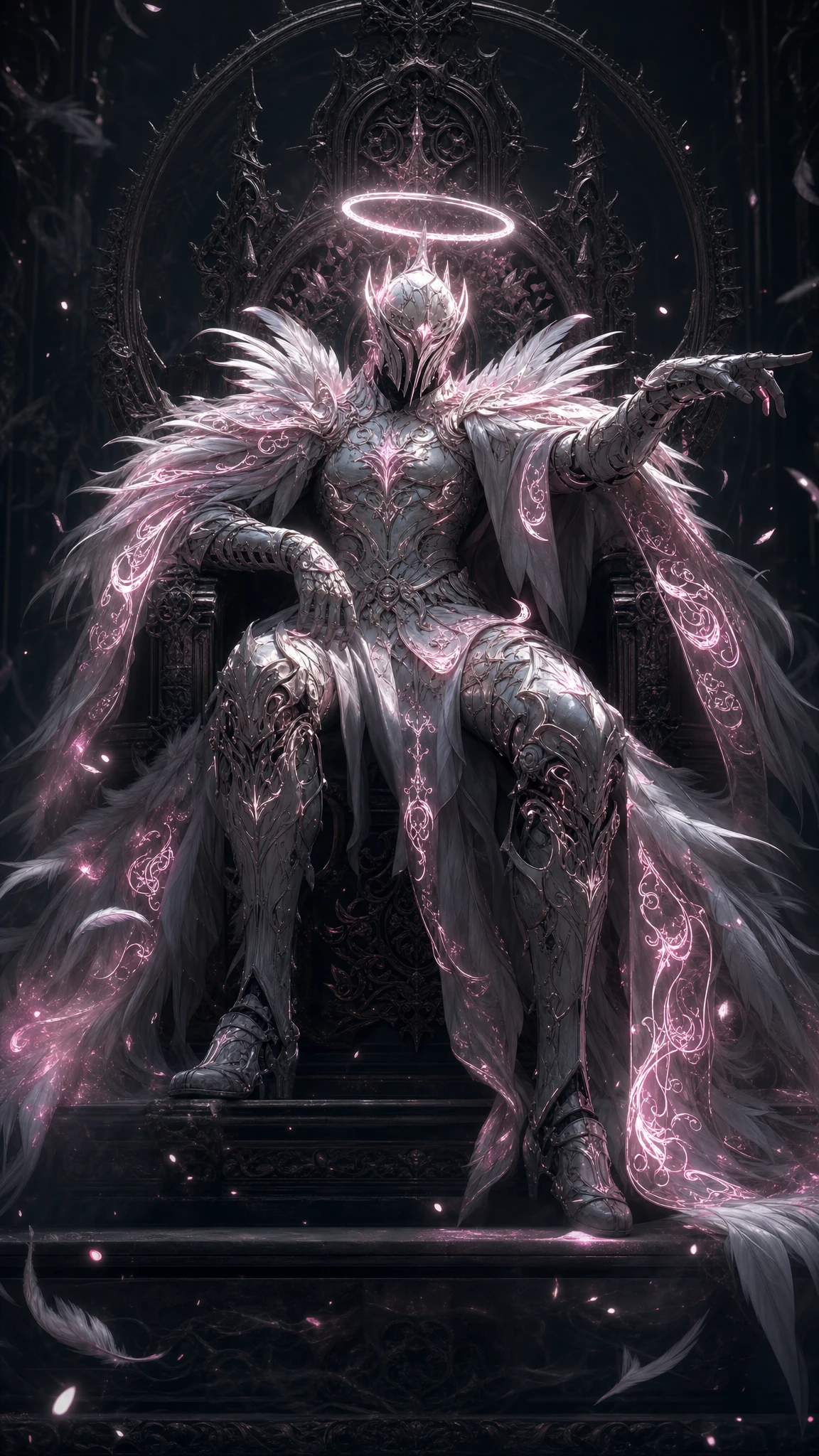 Celestial paladin with glowing feathers seated on ornate throne
