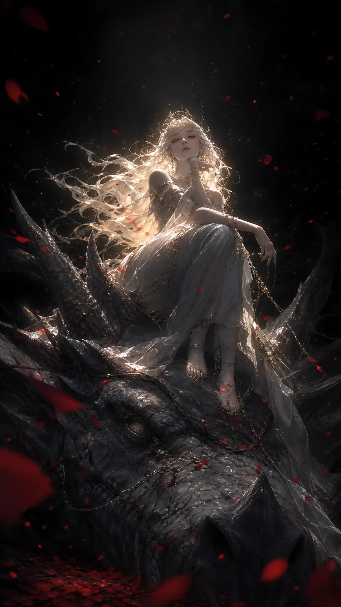 Girl sitting on a fallen dragon in dark fantasy vision