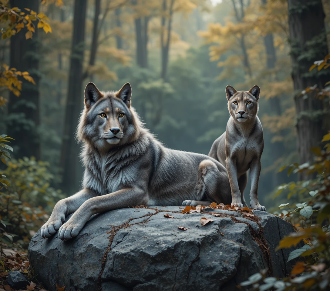 Grey wolf and lioness resting together in a lush forest