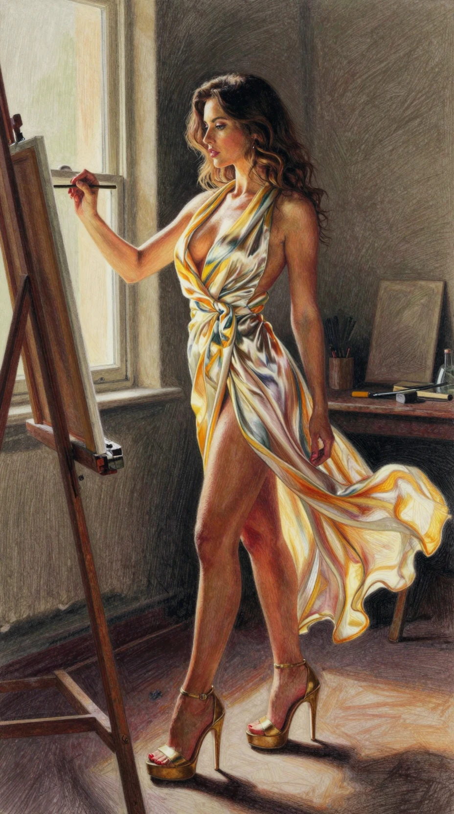 Donna prosperosa che dipinge in uno studio d’artista poco illuminato