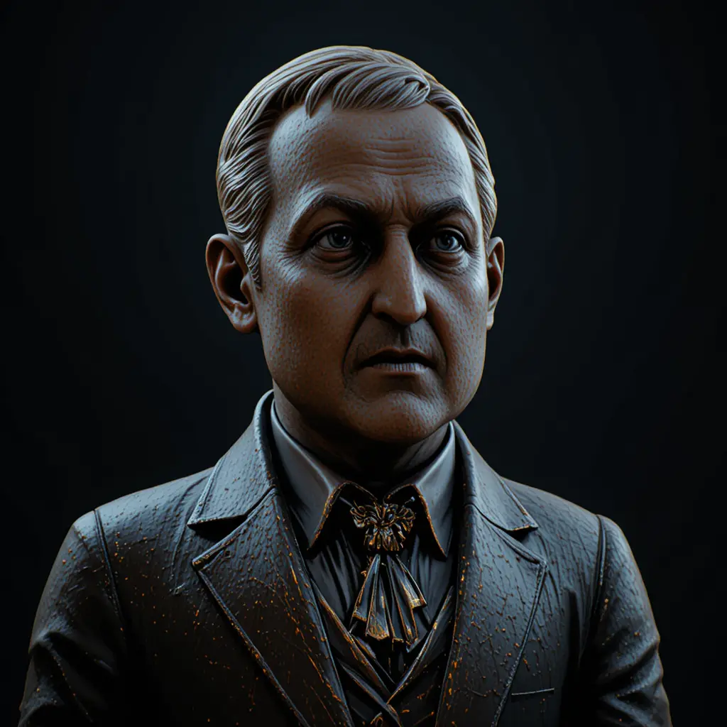 Somber bronze bust of a distinguished man on dark background