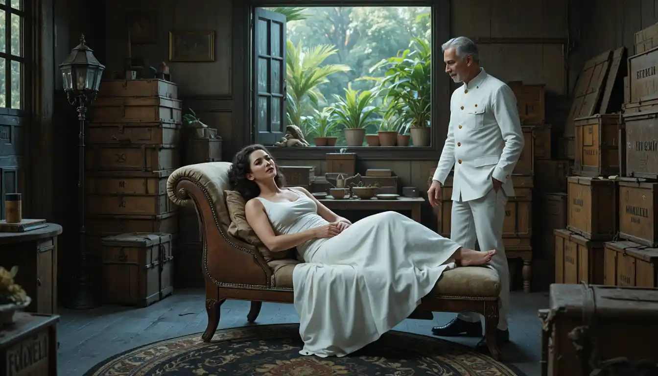 Woman on chaise lounge watched by elderly man