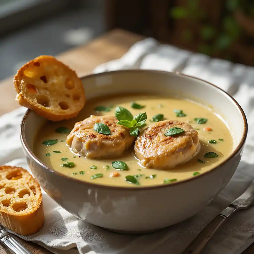 Schüssel mit cremiger Hühnersuppe auf einem hellen Stofftisch