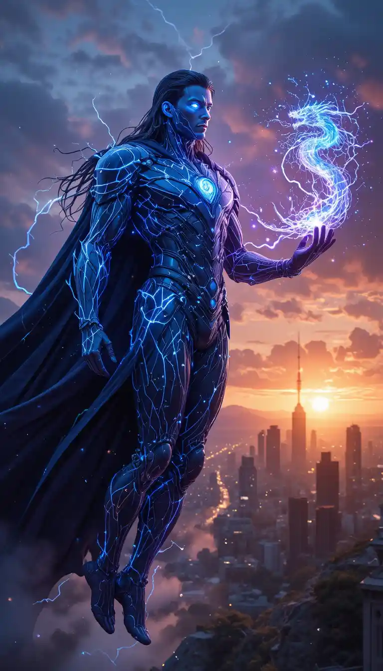Cosmic superhero floating above a futuristic sunset city