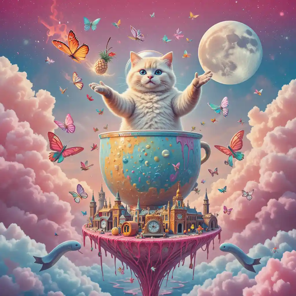Giant fluffy cat in bubble tea drifting through candy sky
