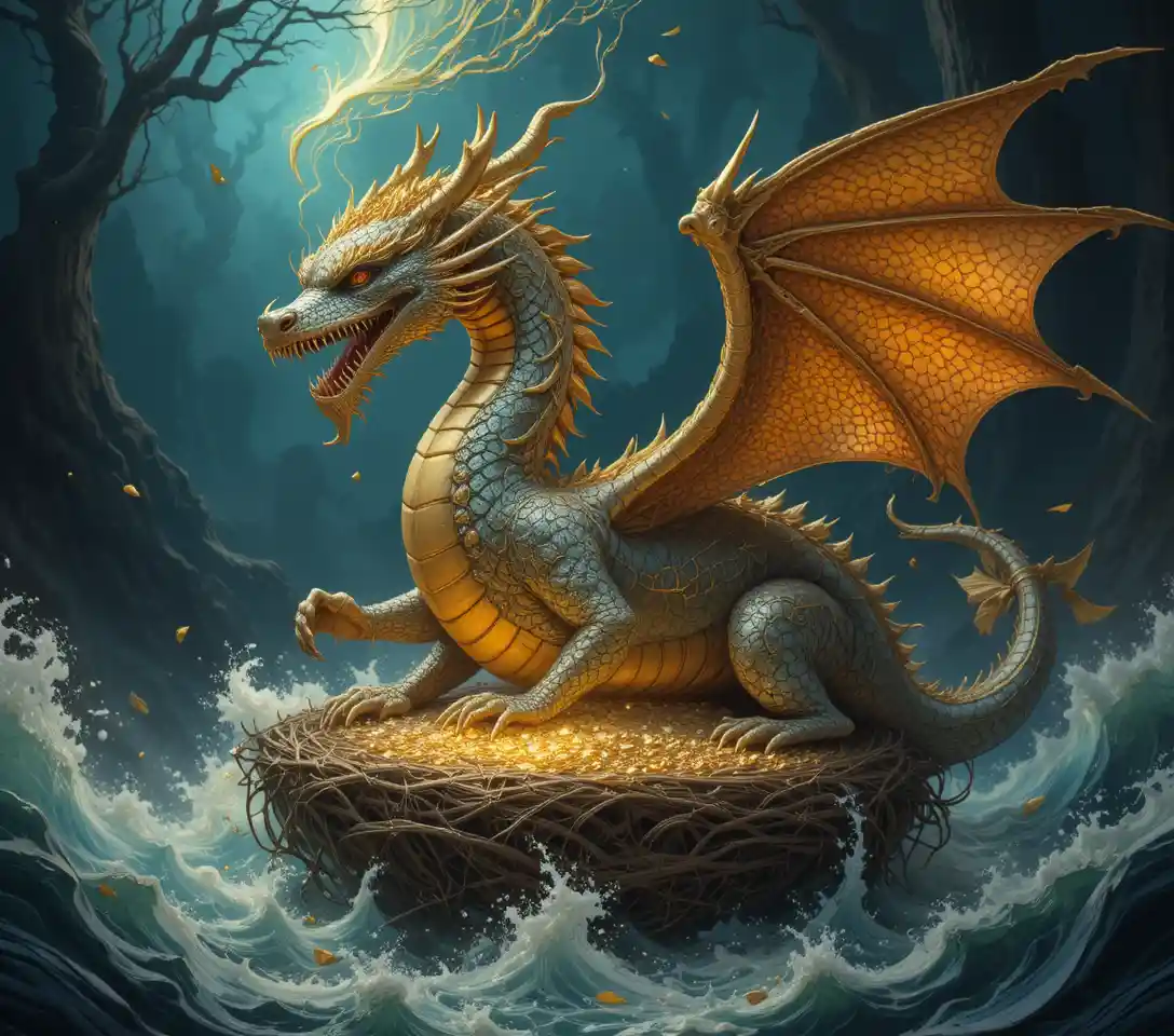 Majestätischer Drache erhebt sich aus dem Meer mit einem Nest aus Gold