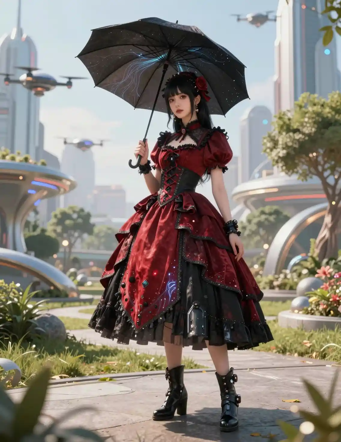 Elegant woman in neo Victorian dress in futuristic park