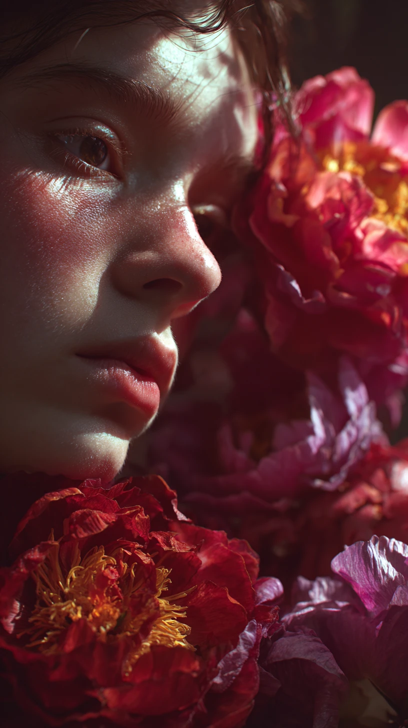 Joven chica enmarcada por flores vívidas de estilo fractal