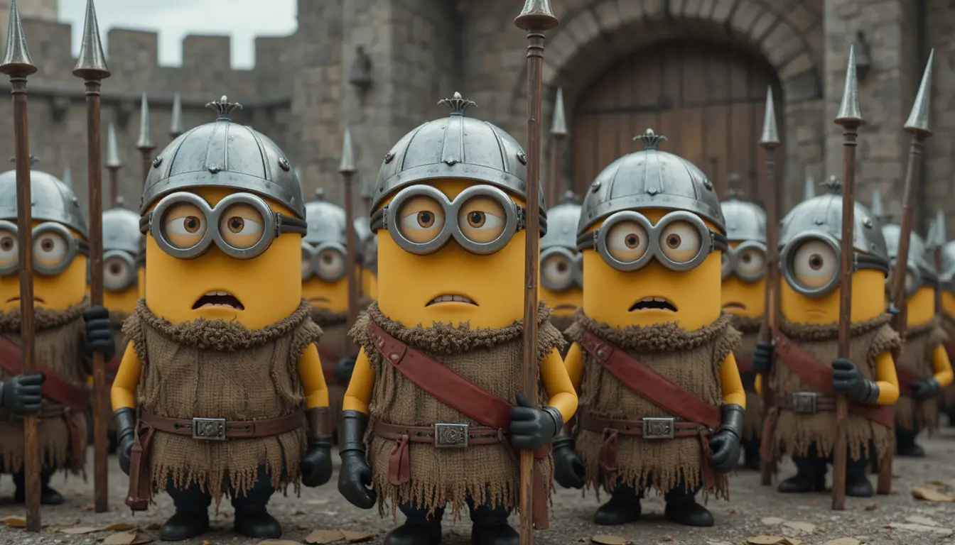 Minion soldiers in formation in a medieval castle courtyard