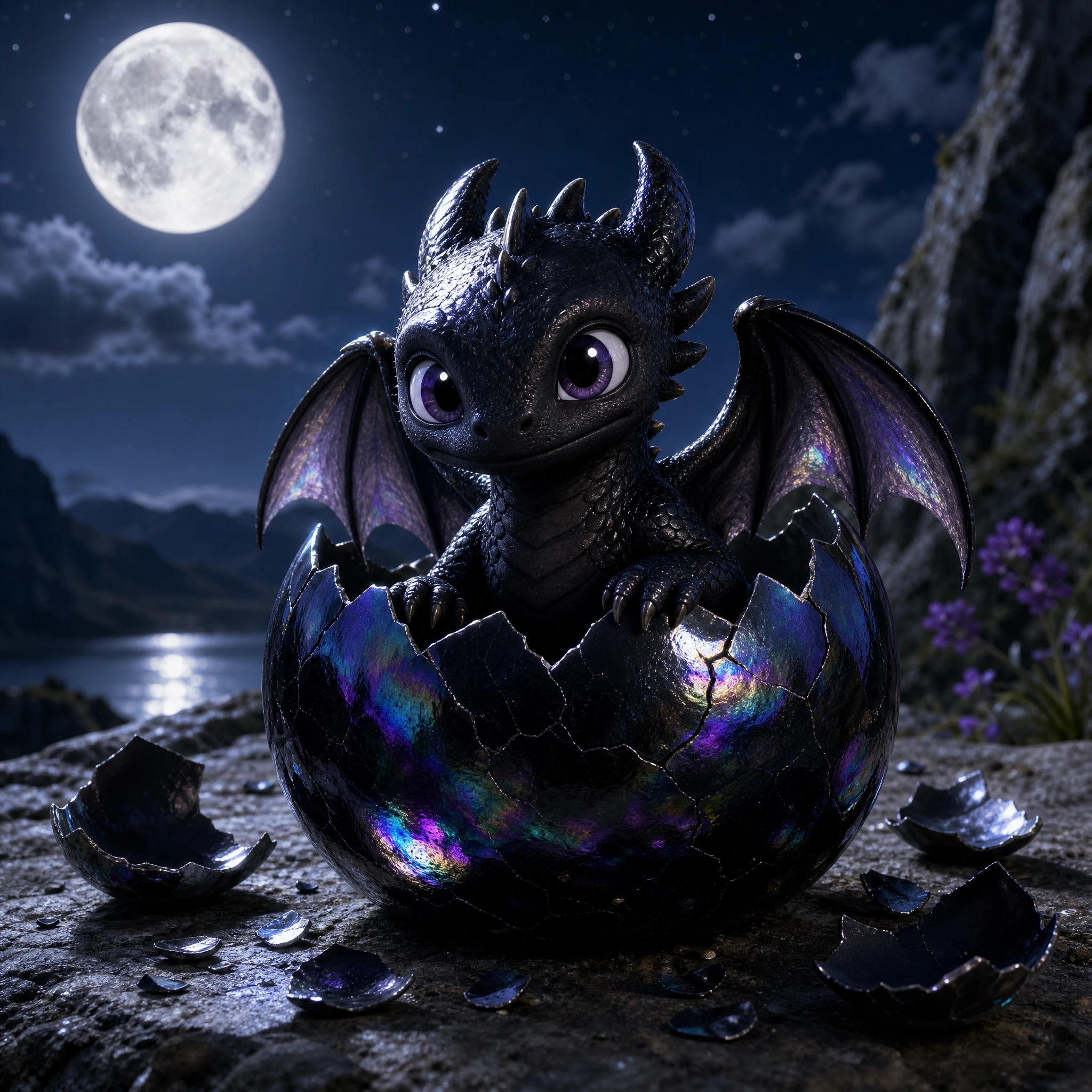 Small dragon hatching from a shiny egg in moonlight
