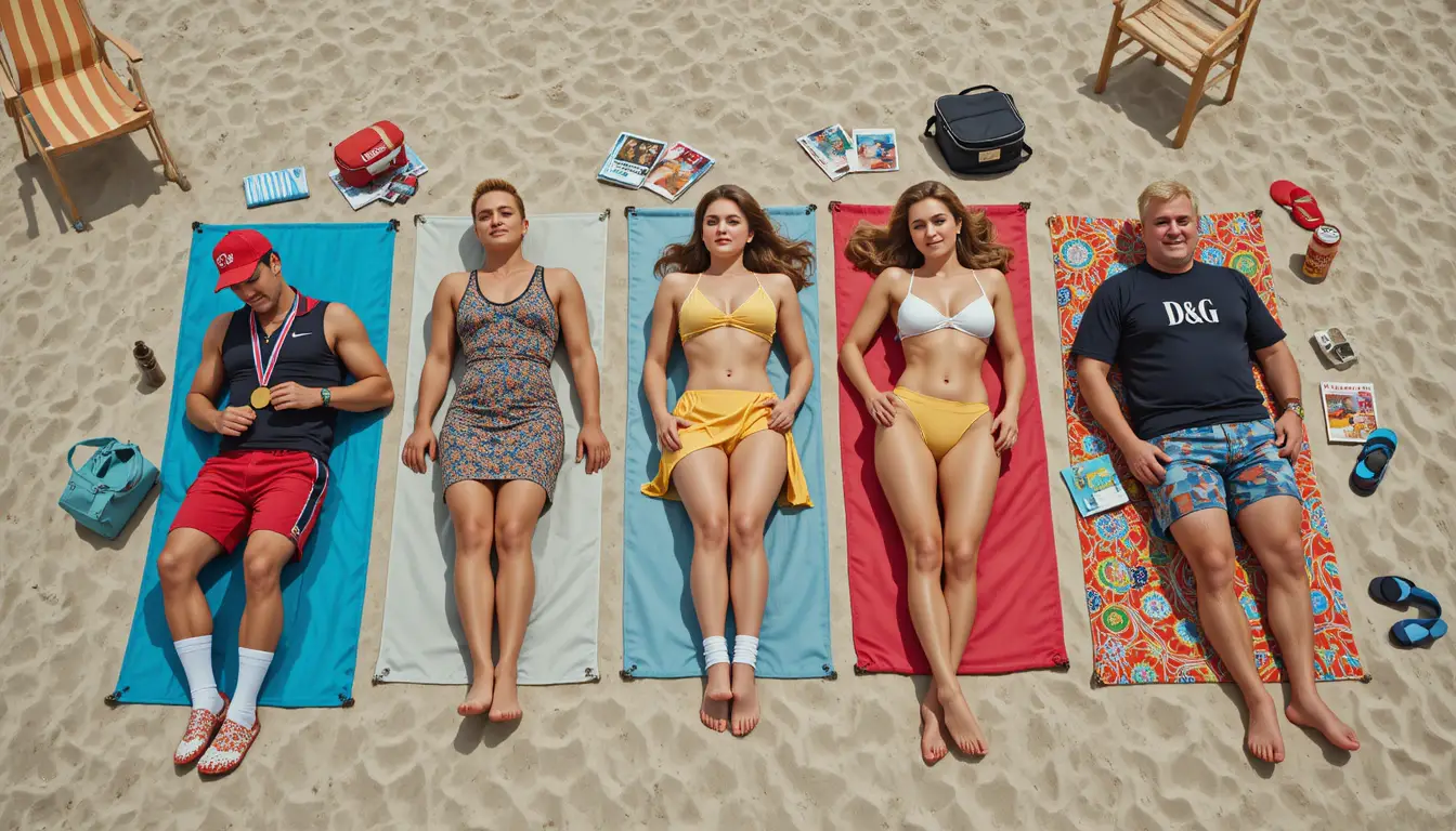 Friends relaxing on colorful towels on a sunny beach