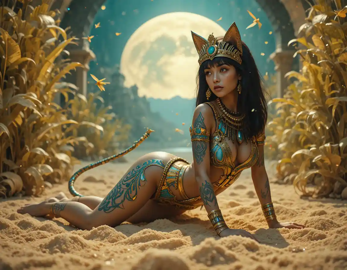 Mystical Egyptian woman in shimmering turquoise sand