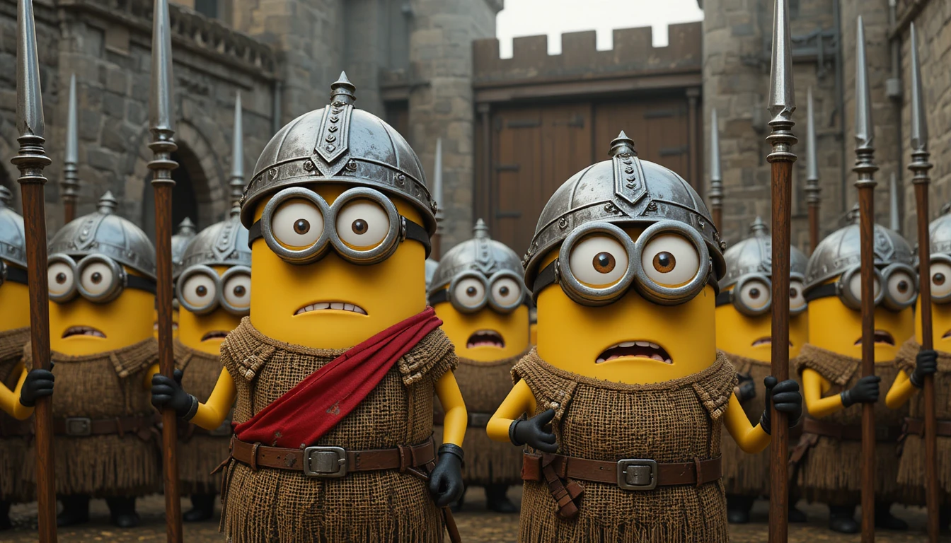 Medieval minion soldiers gathered in a castle courtyard