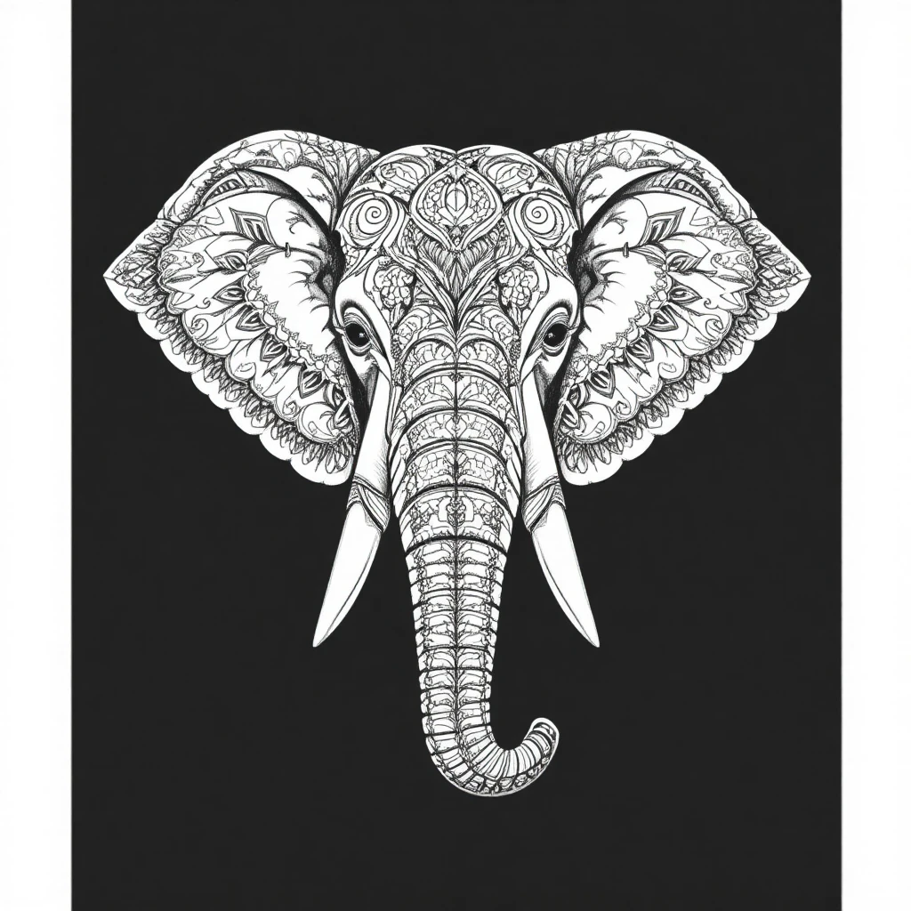 Stylized mandala elephant head with symmetrical black line art