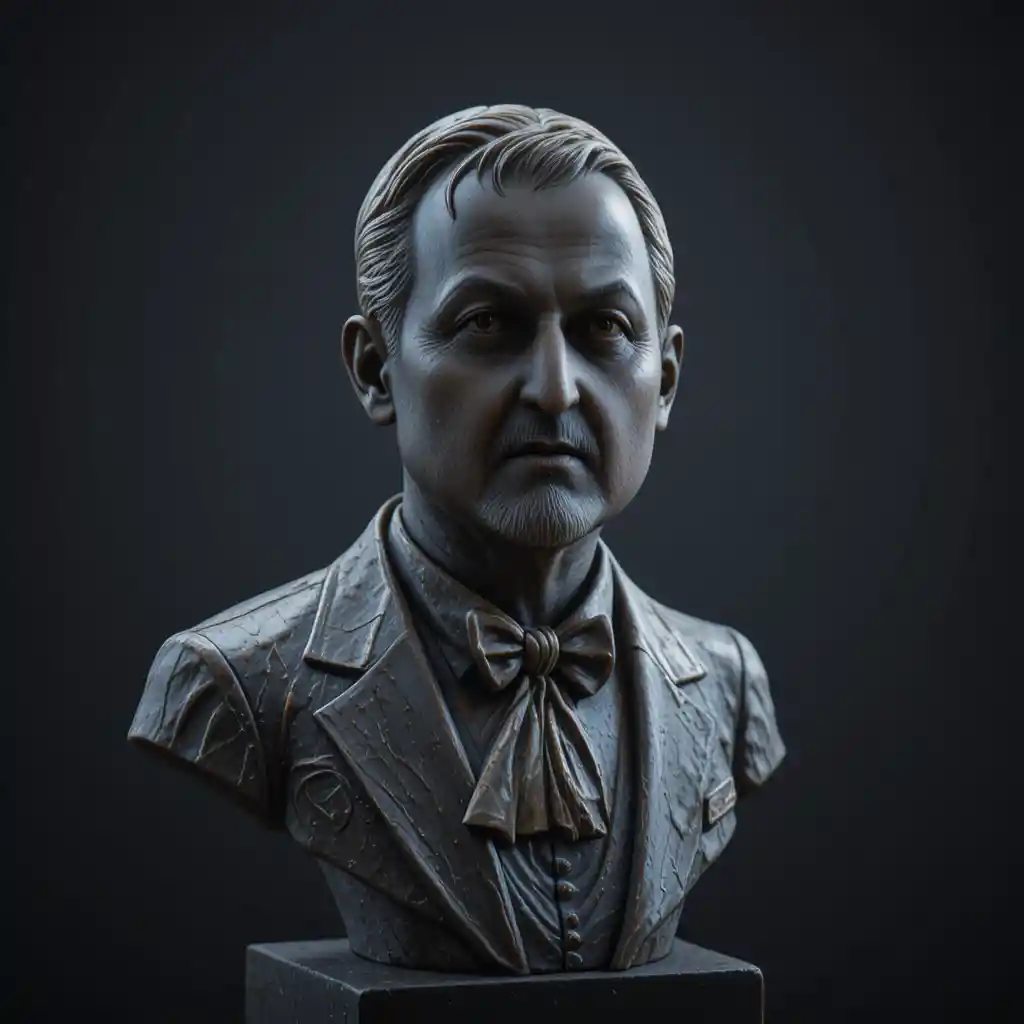 Dramatic bronze bust of an older man in formal attire