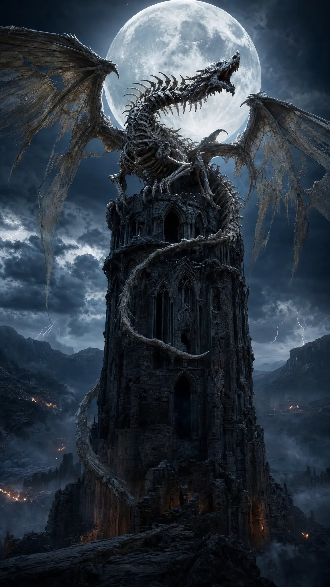Skeletal dragon towering over a ruined gothic tower at night