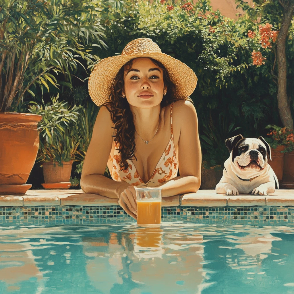 Mujer rubia sonriente relajándose en una piscina soleada de jardín