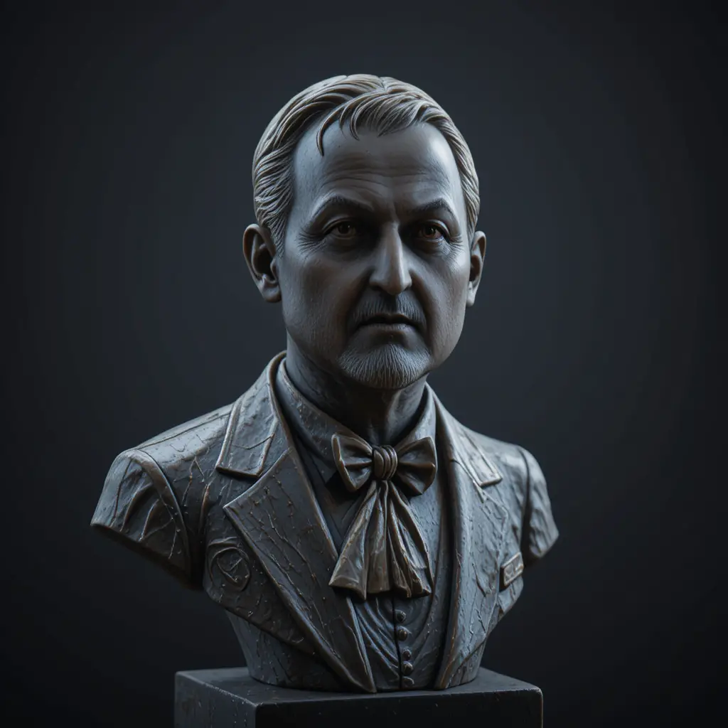 Dramatic bronze bust of an older man in formal attire