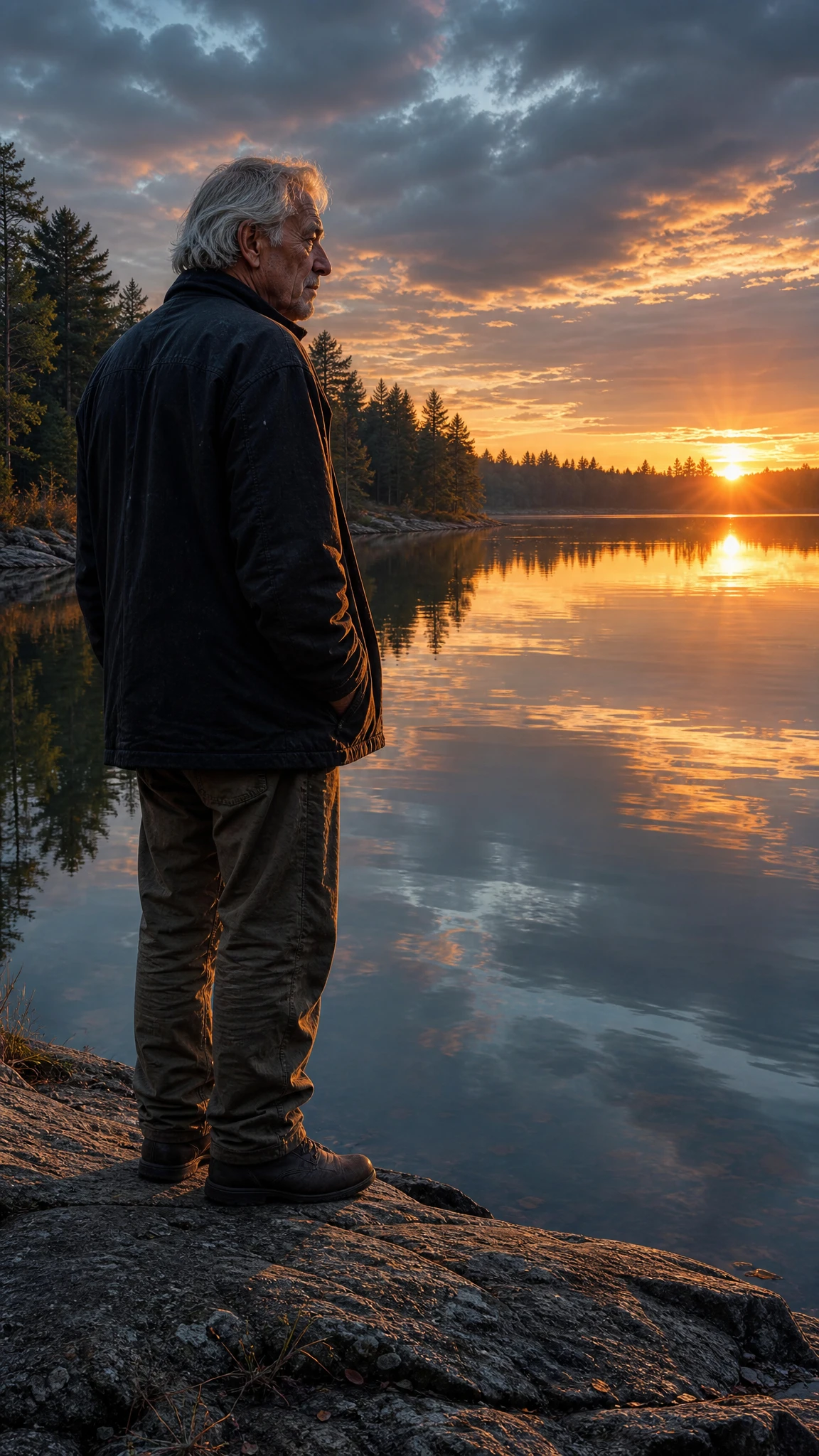 Old man at sunset standing by a still reflective lake