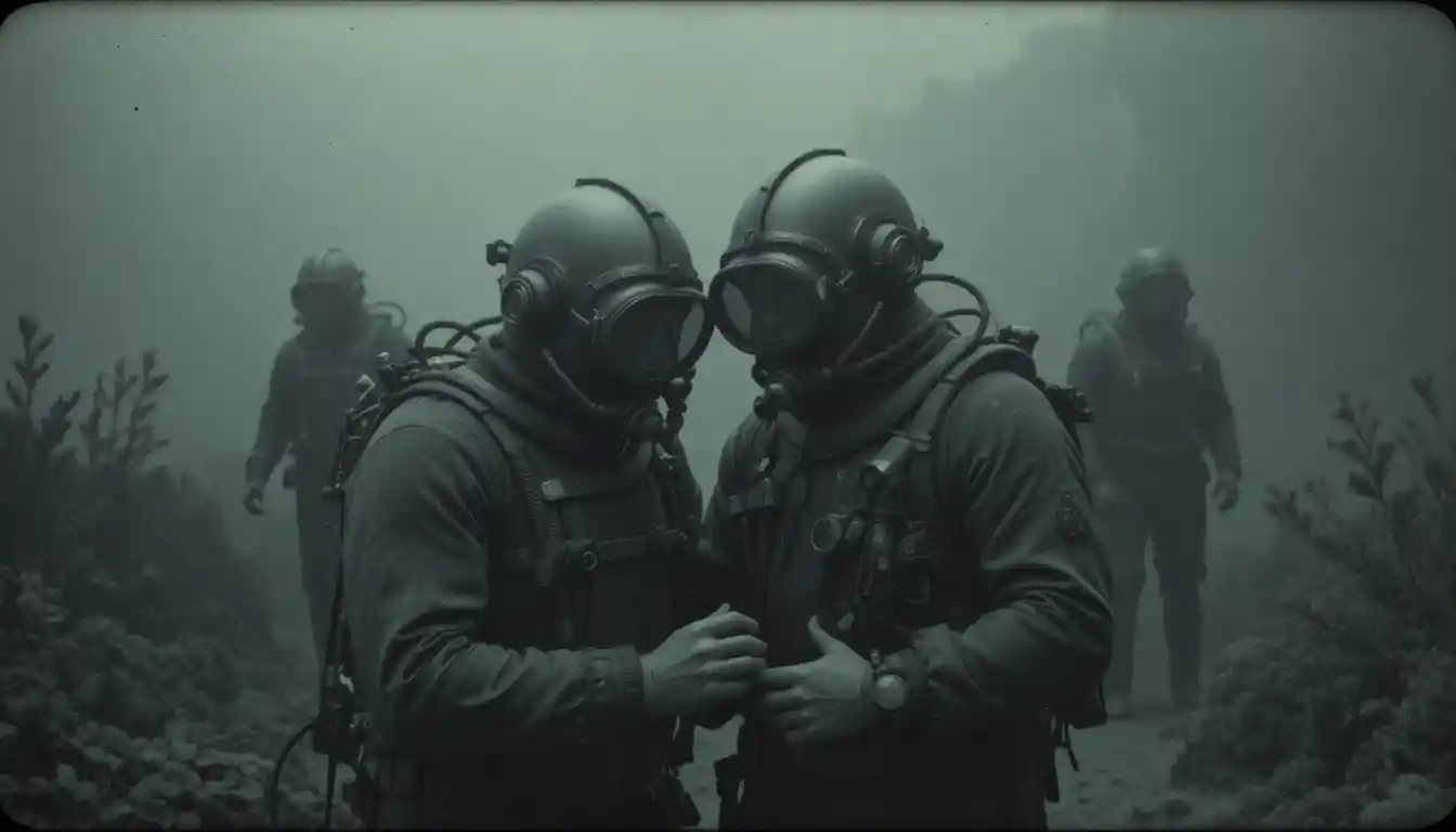 Three vintage deep sea divers in murky underwater darkness
