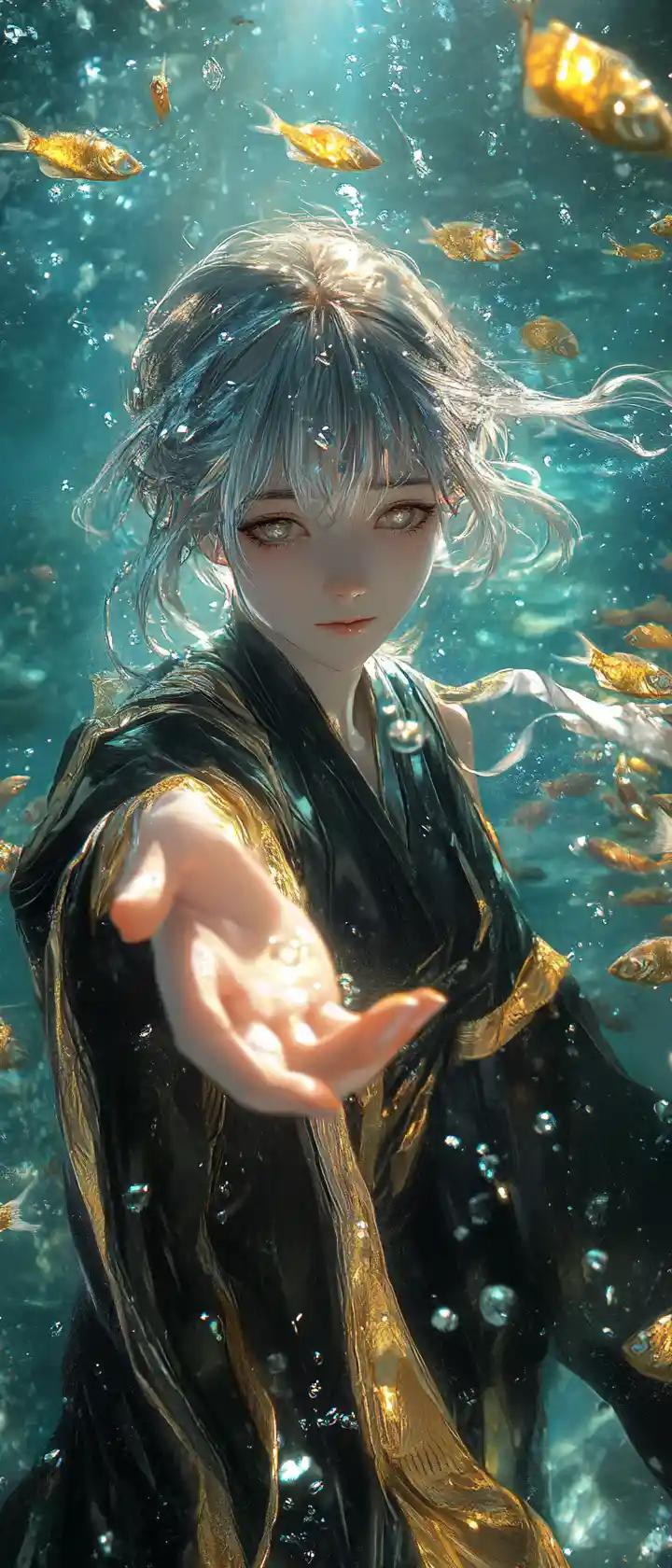 Melancholic girl reaching out in a luminous underwater scene
