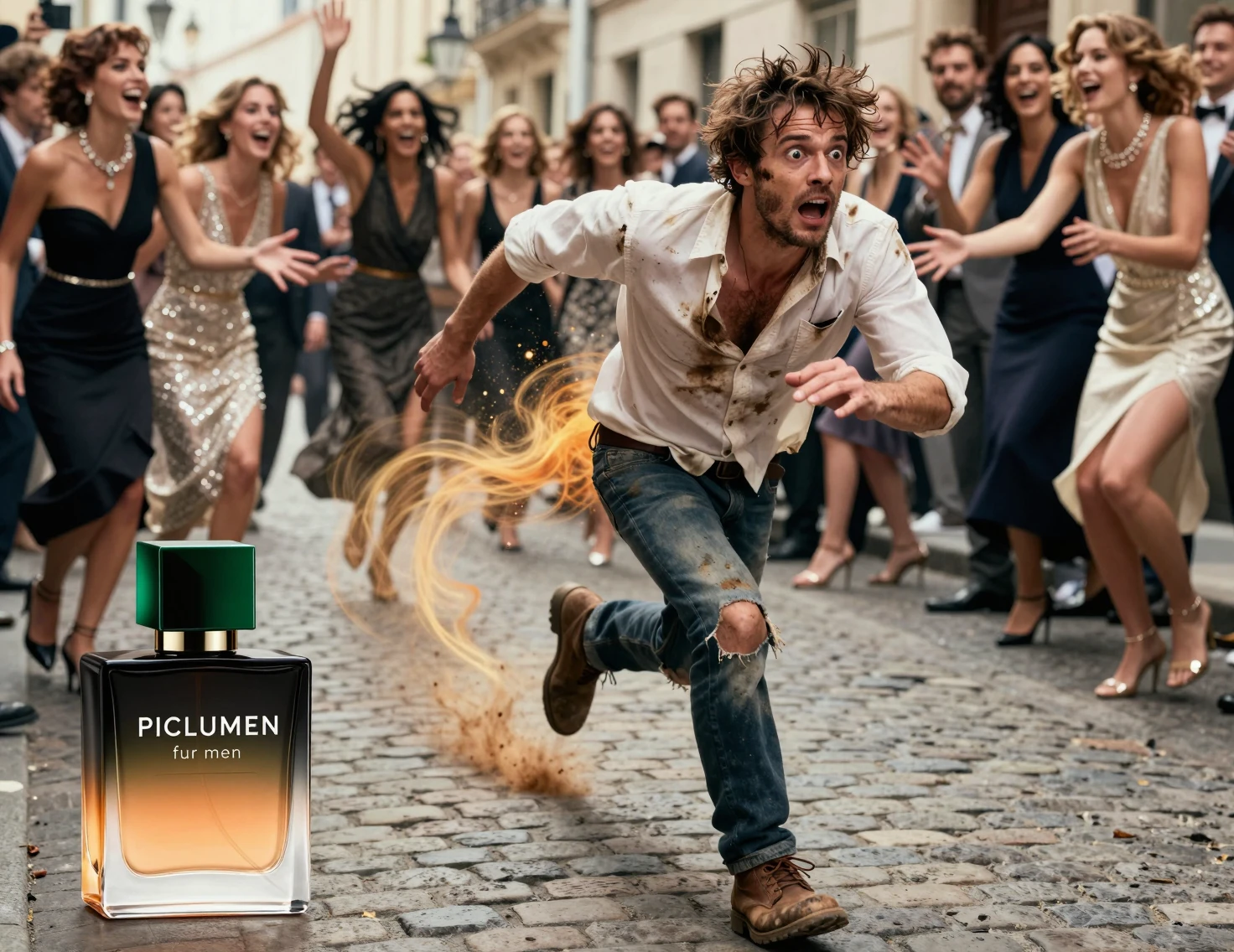 Panicked man running on cobblestone street perfume ad