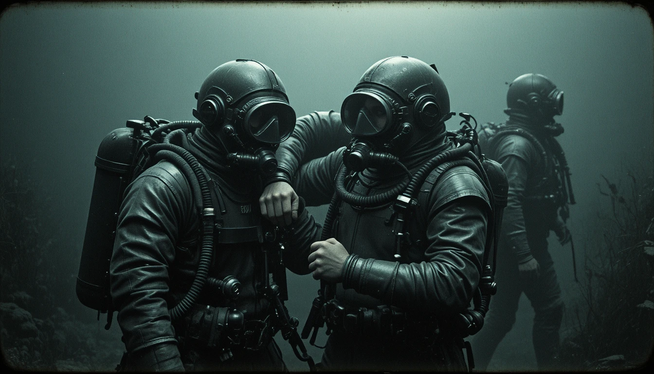 Vintage divers in heavy suits in a dark underwater scene
