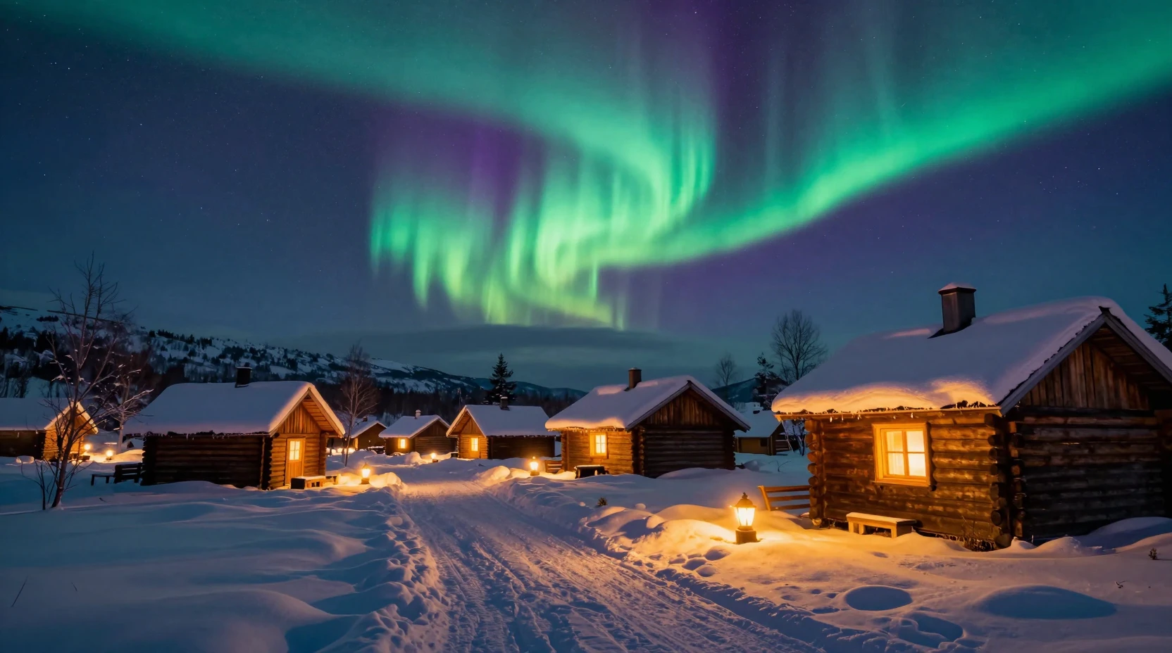 Scandinavian cabins glowing under aurora on snowy solstice night